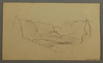 Tegning, bjergtoppe, helligdom i vejkanten, august 1868