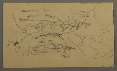 Tegning, Bjergtoppe, to figurer i en robåd, august 1868