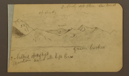 Tegning, bjergkæde; bagside: Bjerge, overskyet himmel, 1889