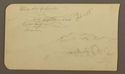 Tegning, bjergkæder, Cuautla, kirke; bagside: Crouching Horse, landskabsnotater, februar 1885