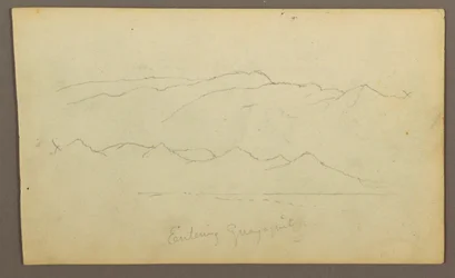 Tegning, bjergkæder "på vej ind i Guayaquil"; bagside: flodbred, botaniske skitser, muligvis 1857