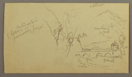 Tegning, bjergdal, bro, bygninger, muligvis 1868-69