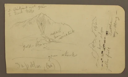 Tegning, bjerg, Zapotlan; bagside: Skovklædt bjergskråning, Cuitzeo-søen, januar 1885