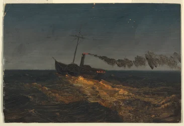 Tegning, hjuldamper i skumringen, ca. 1853