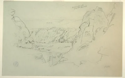 Tegning, Petra, Jordan fra vest, der viser paladset og de korintiske grave, 26. februar 1868