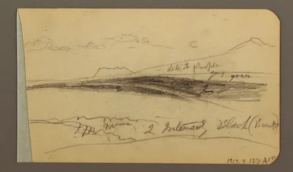 Tegning, Slette, bakke, by; Bagside: Bjergkæde, 1889