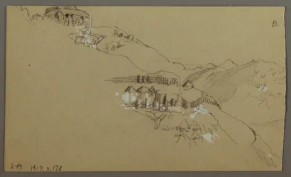 Tegning, højre del af en skitse af El Yemen-dalen, Arabien: Udsigt på afstand, 20. februar 1868