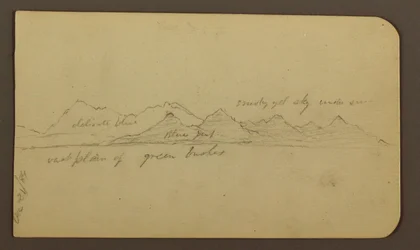 Tegning, Forrevne bjerge på tværs af en slette; bagside: Figurer, landskab, 12. december 1884