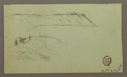 Tegning, Ruiner omgivet af mure, telte, to figurstudier, 28. april 1868