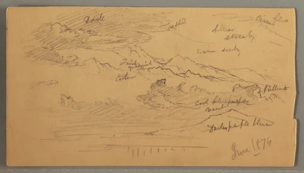 Tegning, skarpe bjergtoppe, overskyet himmel, juni 1874