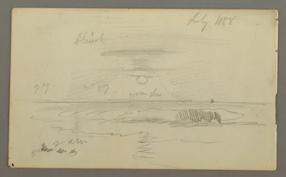 Tegning, Himmel med lav sol over vand, juli 1858
