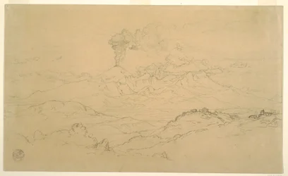 Tegning, Røg stiger op fra Cotopaxi-vulkanen, Ecuador, 1857