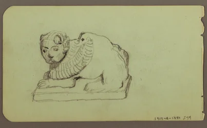 Tegning, løvestatue, skiff; bagside: løvestatue, december 1883