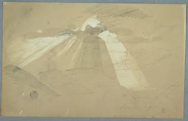 Tegning, solen skinner gennem skyerne, Jamaica, juli 1865