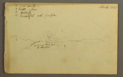 Tegning, Solen går ned bag lave bakker, 1845