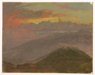 Tegning, Solnedgang og bjerge, juli 1865