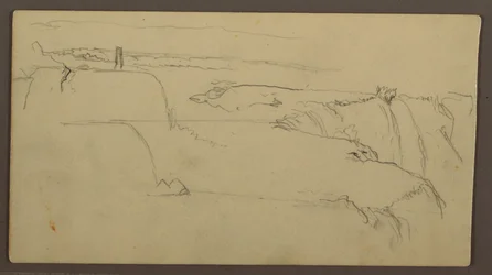 Tegning, Solnedgang over bred med skib, 1858