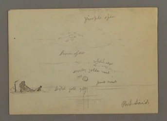 Tegning, Solnedgang over havet, dampbåd, muligvis 1868