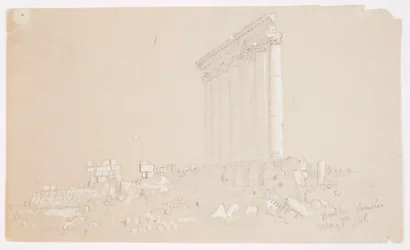 Tegning, Jupiter-templet ved solopgang, Baalbek, 7. maj 1868