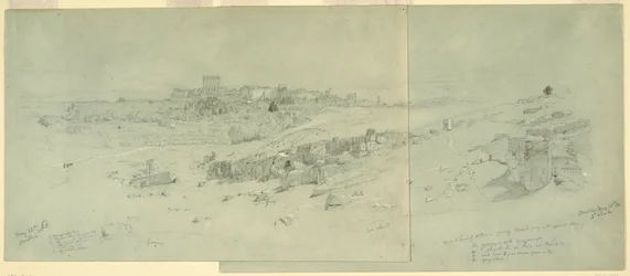 Tegning, Templer om morgenen, Baalbek, 12. maj 1868