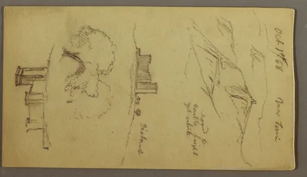 Tegning, Tre studier af et slot på en bakketop, 1. oktober 1868
