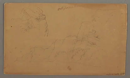Tegning, træhus, to sejlbåde, tagstudier, muligvis 1868