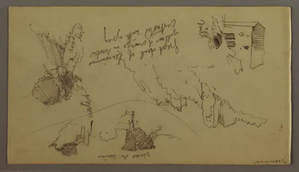 Tegning, By under en bjergtop, by på en bakketop, muligvis 1868-69