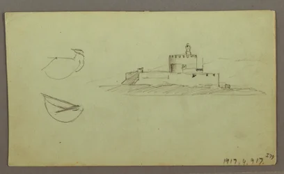 Tegning, By ved kysten, bjergkæde bagved, 27. maj 1868
