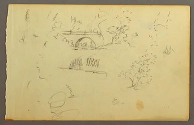 Tegning, Træer, bro, ansigter i profil, muligvis 1844