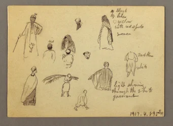 Tegning, Tolv figurskitser, Joffa, Palæstina, 1868