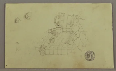 Tegning, To hoveder, ruiner, muligvis 1868
