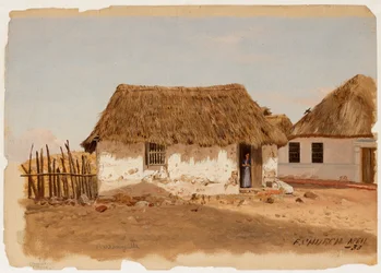 Tegning, To huse i Barranquilla, Colombia, april 1853