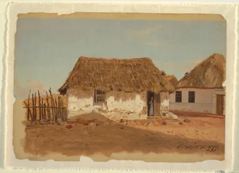 Tegning, To huse i Barranquilla, Colombia, april 1853