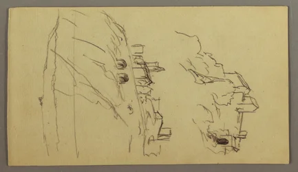 Tegning, To studier af en by på en bjergtop, muligvis 1868-69
