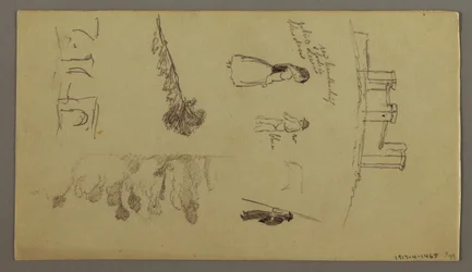 Tegning, To studier af en by på en bjergtop, muligvis 1868-69