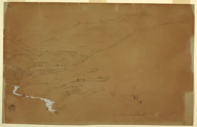 Tegning, Dal med vandløb og huse, nær Guaranda, Ecuador, 4. juni 1857