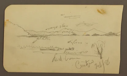 Tegning, Udsigt nær søens bred, Cuitzeo; bagside: Udsigt nær søens bred, Cuitzeo, februar 1885