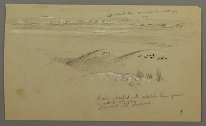 Tegning, Udsigt over bakkerne og sletten mod bjergene, El Yemen-dalen, februar 1868