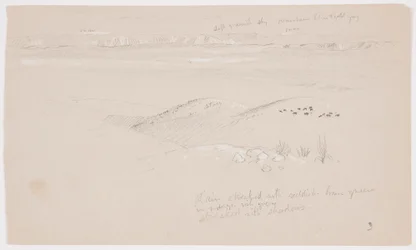 Tegning, Udsigt over bakkerne og sletten mod bjergene, El Yemen-dalen, februar 1868