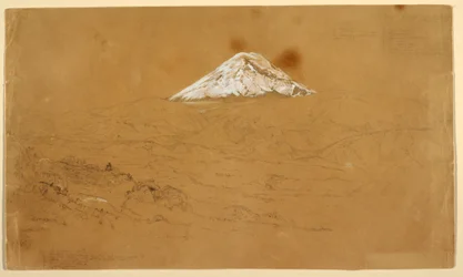 Tegning, udsigt over det snedækkede bjerg Chimborazo tegnet nær Guanojo og Guaranda, Ecuador, 12. juni 1857
