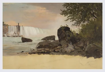 Tegning, udsigt over de canadiske vandfald og Goat Island, september eller oktober 1856
