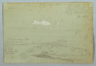 Tegning, Udsigt til Artisana-vulkanen fra eller nær Quito og en overskyet himmel over en bjergryg, Ecuador, 23. juni 1857