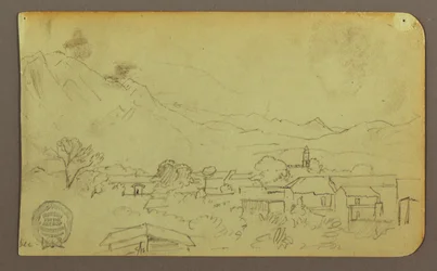 Tegning, Landsby; Bagside:Bakketop, december 1883