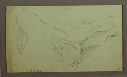 Tegning, Landsby og stejl bjergdal (Alperne), 1868-69