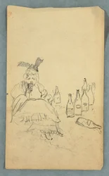 Tegning, Kvinde drikker, vinflasker, recto; Indkøbsliste til Mount Katahdin-bestigning, verso, Efterår 1878