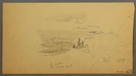 Tegning, skovklædt bakketop, bakket dal, sol, januar 1866