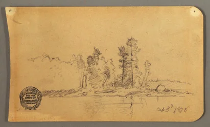 Tegning, skovklædt bred, 1878