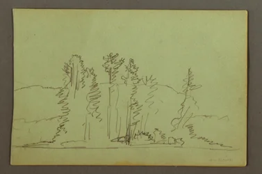 Tegning, Træbevokset bred af sø, muligvis 1856