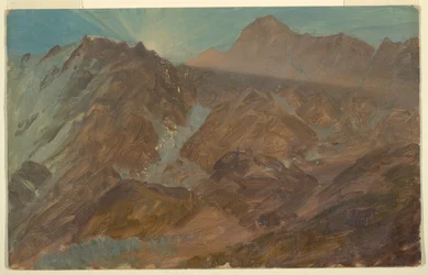 Toppe og gletscher ved solopgang, Berner Alperne, Schweiz