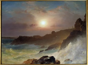 Solopgang på Maine-kysten i USA i 1863. Maleri af Frederic Church (1826-1900) Ec. Bitter.